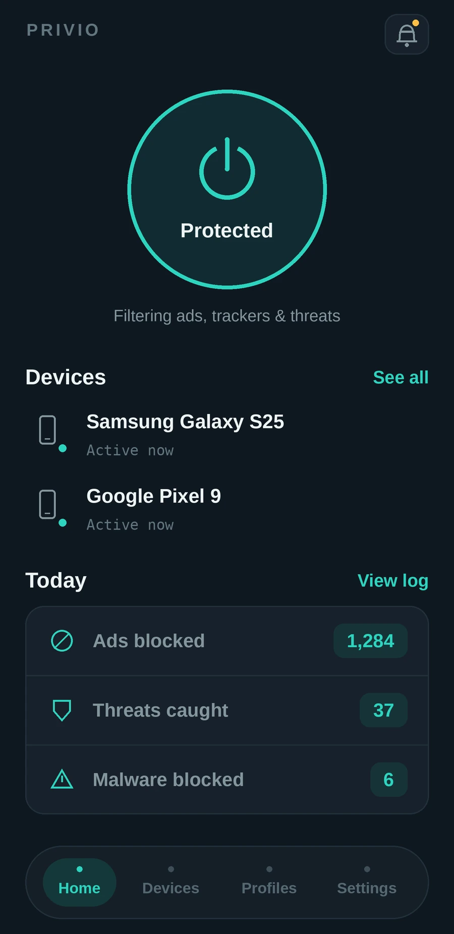 Privio home screen showing Protected